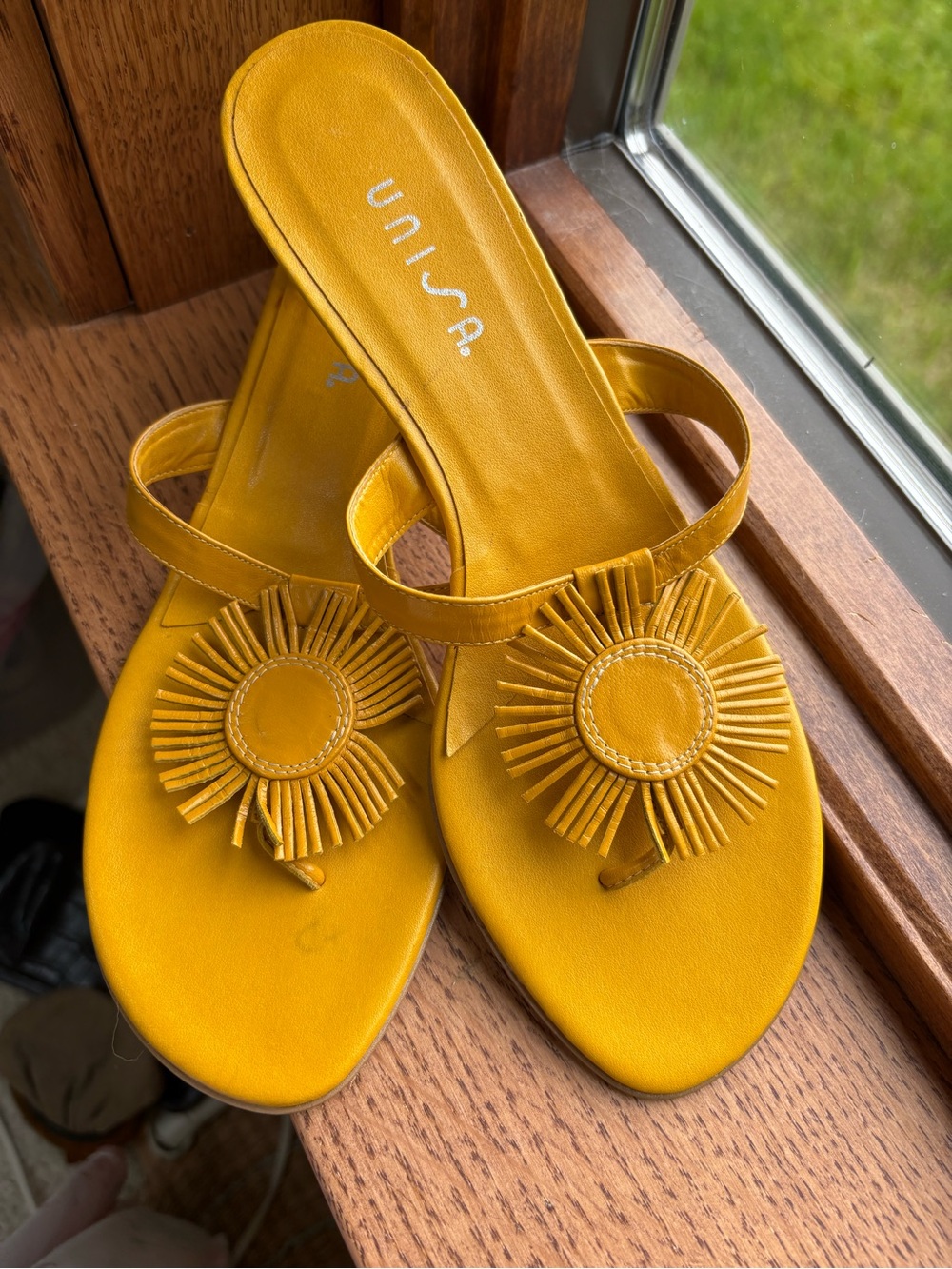 Unisa Mustard Yellow Leather Fringe Sunburst Thong Sandals - Picture 7 of 9